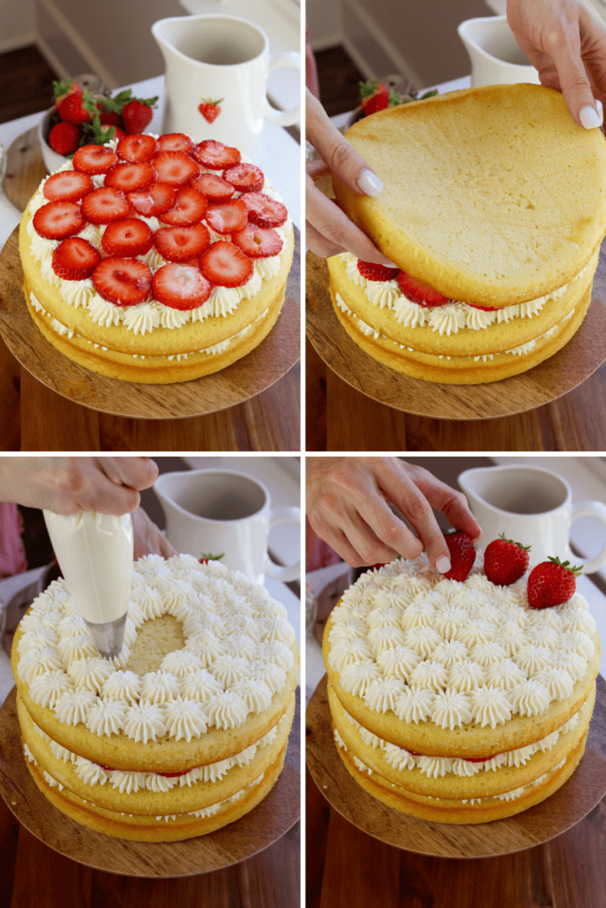 first picture: cake with whipped cream and strawberries on top. second picture: putting a cake layer on top of a cake being assembled. third picture: piping whipped cream on top of a cake. fourth picture: placing strawberries on top of a cake.