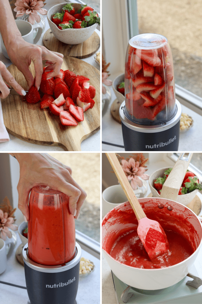 first picture: chopping strawberries on top of a cutting board. second picture: chopped strawberries inside a food processor blender cup. third picture: strawberries pureed inside of a blender cup. fourth picture: strawberry puree in a saucepan.