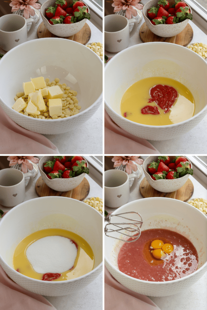 first picture: bowl with butter and white chocolate chips. second picture: melted chocolate and butter with strawberry puree inside of a bowl. third picture: bowl with melted butter and white chocolate, with strawberry puree and granulated sugar, inside a bowl. fourth picture: bowl with strawberry brownie batter and eggs inside.