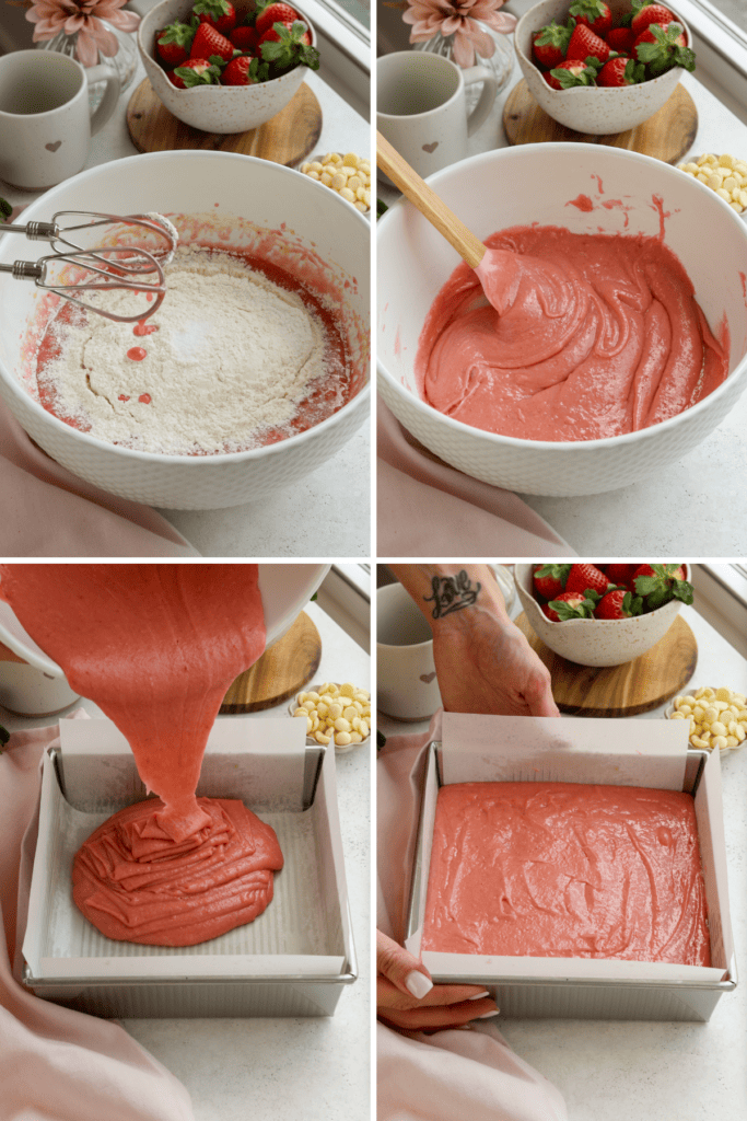 first picture: bowl with strawberry brownie batter inside and flour. second picture: bowl with strawberry brownie batter and a spatula mixing it. third picture: pouring strawberry brownie batter in a square baking dish. fourth picture: strawberry brownie batter poured into a square baking dish.