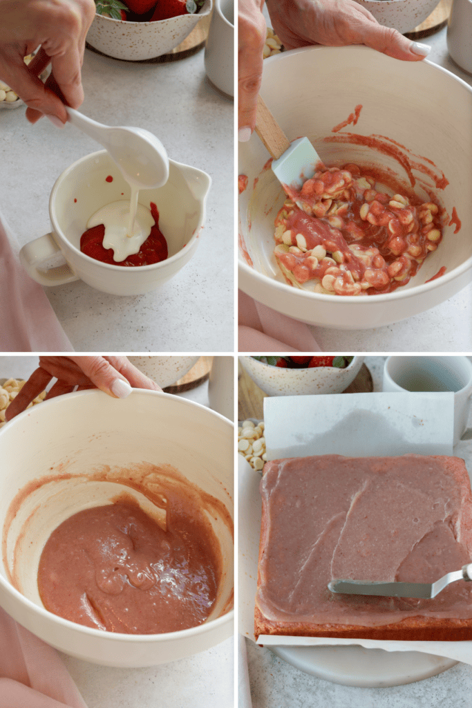 first picture: pouring heavy cream in a bowl with strawberry puree. second picture: bowl with chocolate chips and strawberry puree mixed in. third picture: strawberry ganache in a bowl. fourth picture: spreading strawberry ganache on top of strawberry brownies.