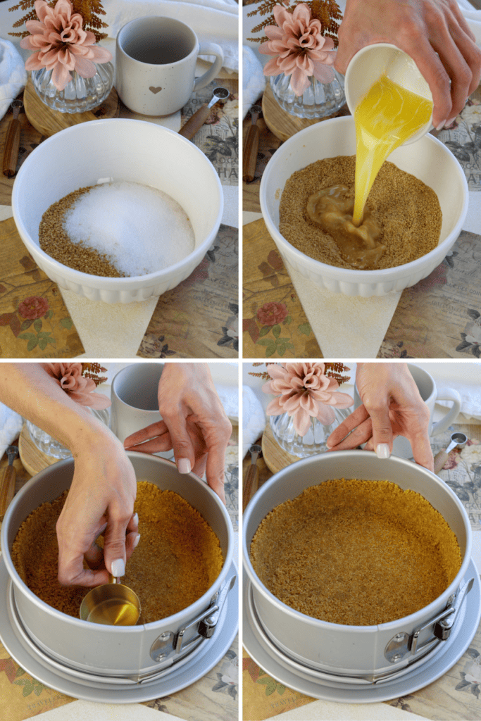 first picture: bowl with graham cracker crumbs and sugar. second picture: pouring melted butter in a bowl with graham cracker crumbs. third picture: using a measuring cup to press the graham cracker crust on the bottom of a springform pan. fourth picture: hand holding a springform pan with graham cracker crust.