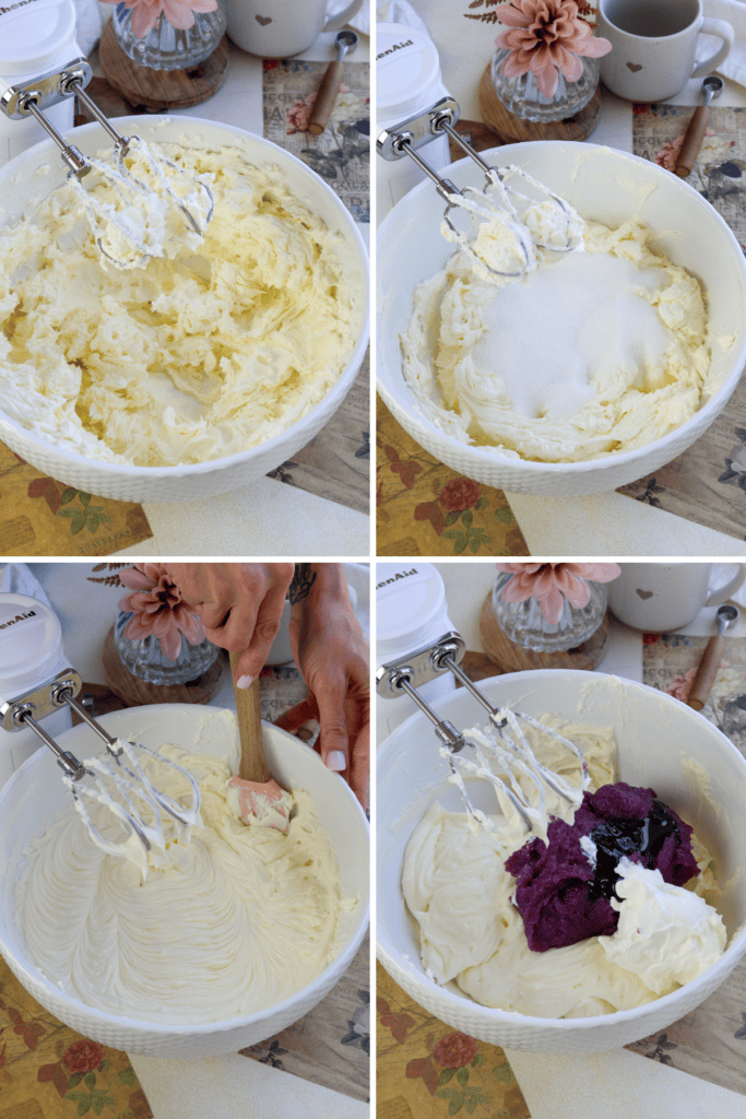 first picture: bowl with cream cheese beaten inside. second picture: bowl with whipped cream cheese inside and white sugar added to the bowl and a mixer next to it. third picture: hand scraping the sides of a bowl with cheesecake batter inside. fourth picture: bowl with cream cheese inside and ube jam, and sour cream added.