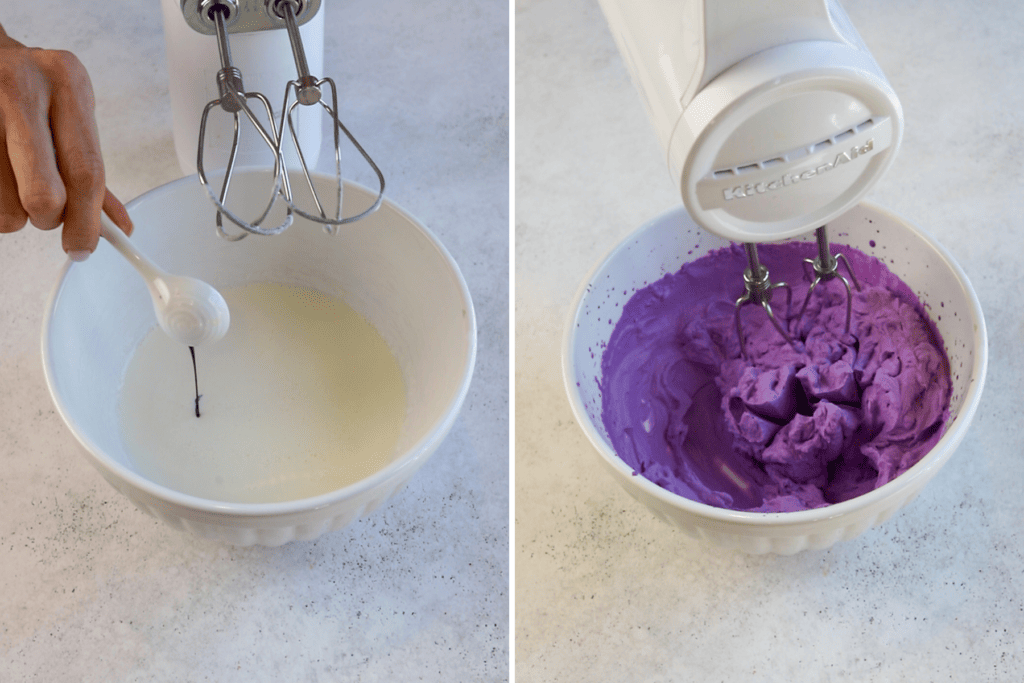 first picture: bowl with heavy cream and a mixer, and a hand adding ube extract to it. second picture: hand whipping a bowl with purple whipped cream inside.
