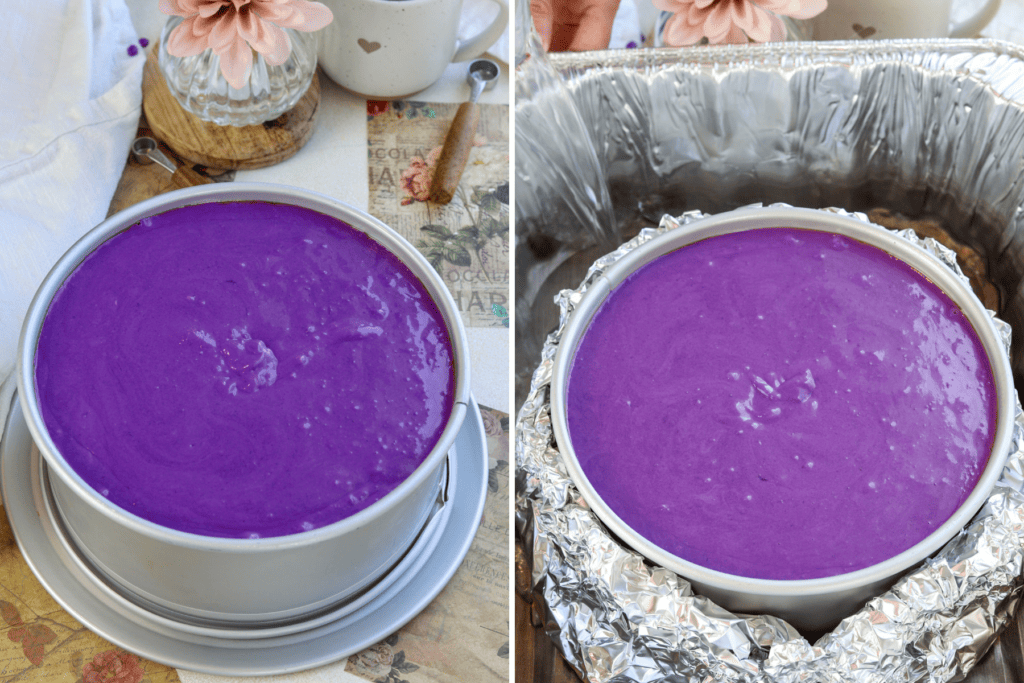 first picture: purple ube cheesecake in a springform pan. second picture: cheesecake in a pan wrapped in foil on the bottom inside a larger pan with water being poured on the pan.
