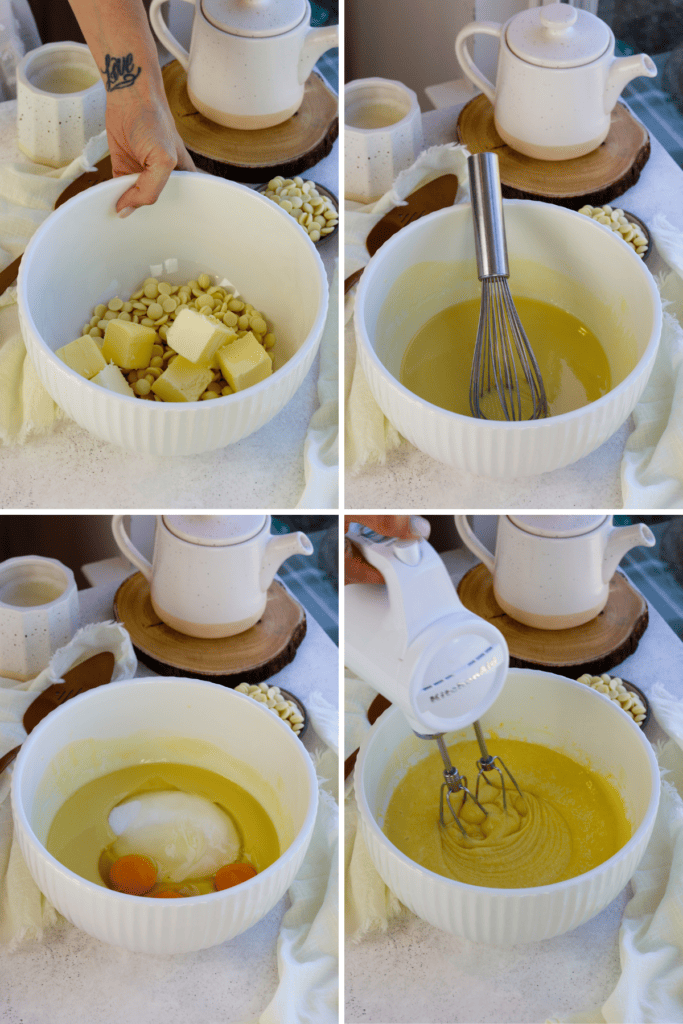 first picture: bowl with butter and white chocolate chips inside. second picture: bowl with melted white chocolate chips and butter inside and a whisk in the bowl. third picture: bowl with melted butter and white chocolate and sugar and eggs in the bowl. fourth picture: hand holding a mixer beating the mixture of white chocolate, butter, eggs, and sugar in a white bowl.