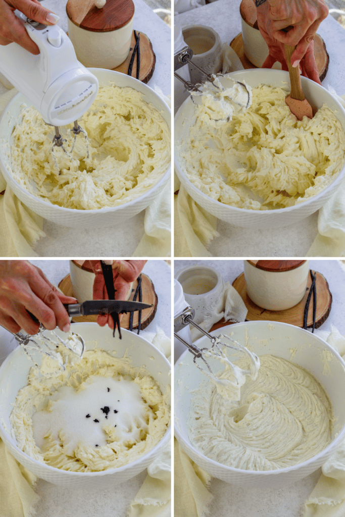 first picture: bowl with cream cheese inside being beaten with a hand mixer. second picture: cream cheese mixture in a bowl, with a spatula scraping the sides of the bowl. third picture: bowl with whipped cream cheese inside and sugar added and vanilla bean seeds in the bowl. fourth picture: creamy mixture of cream cheese, vanilla bean, and sugar mixed together inside of a bowl.