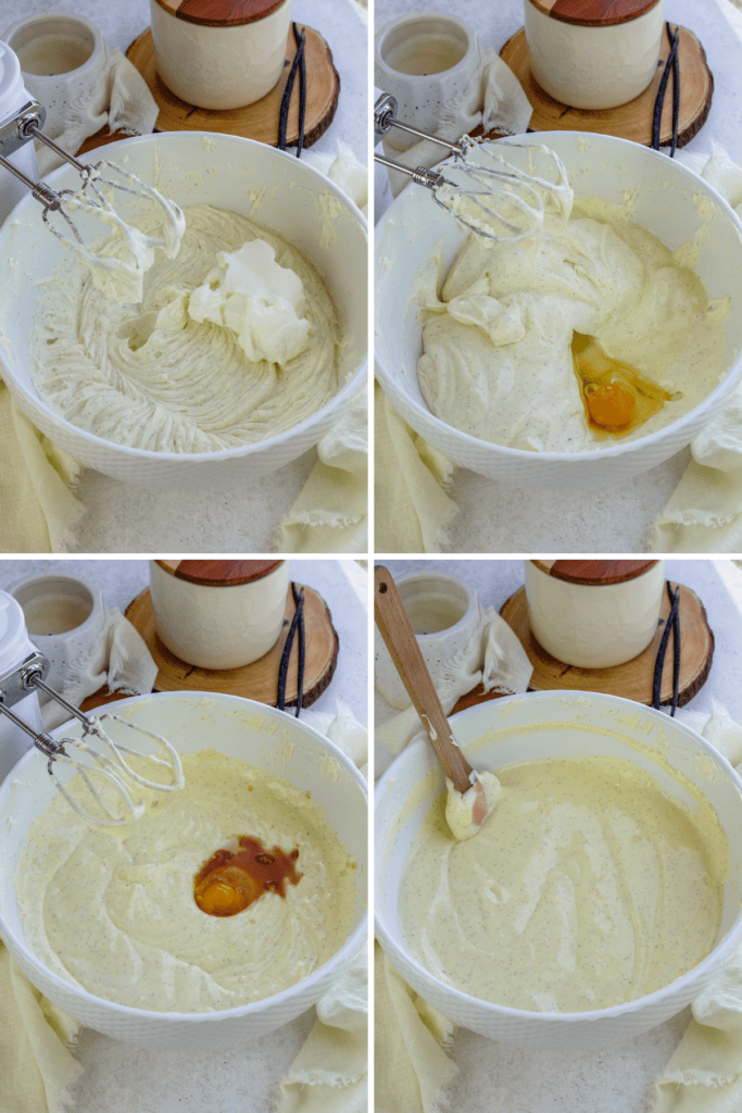 first picture: bowl with cream cheese mixed in and sour cream added to the bowl. second picture: bowl with creamy cream cheese mixture and egg added to the bowl. third picture: bowl with cheesecake batter inside and an egg and vanilla added in the bowl. fourth picture: bowl with creamy cream cheese mixture inside and a spatula in the bowl.