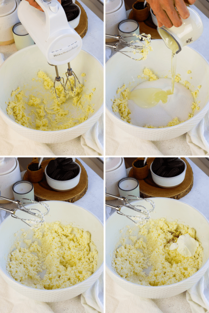 first picture: beating butter with a hand mixer. second picture: whipped butter, and sugar in a bowl, and a hand adding oil to the bowl. third picture: oil, butter, and sugar whipped in a bowl. third picture: whipped sugar and butter in a bowl. fourth picture: bowl with whipped butter and sugar with sour cream and vanilla added to it.