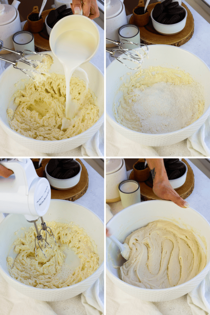 first picture: bowl with whipped butter, sugar, and a hand adding milk to the bowl. second picture: flour added to the bowl with the batter. third picture: a bowl with batter and milk inside. fourth picture: a bowl with batter inside and a spatula stirring it.