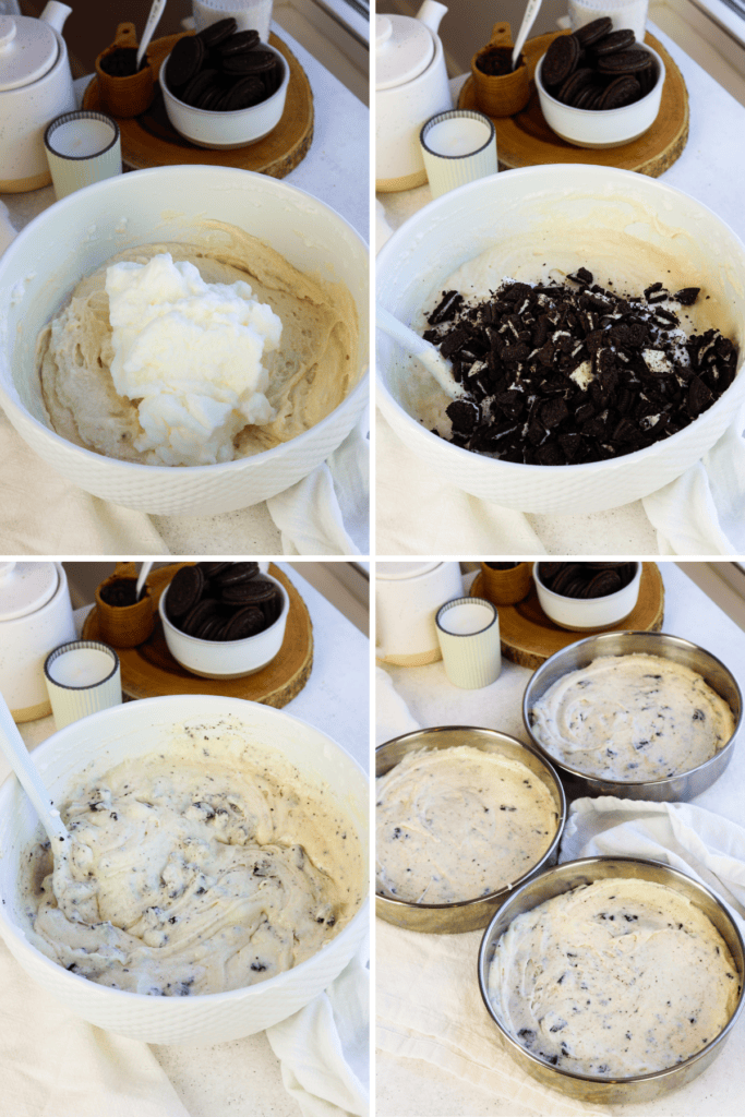 first picture: a bowl with batter inside and whipped egg whites added to the bowl. second picture: a bowl with cake batter inside and chopped oreo cookies inside. third picture: a bowl with cookies and cream cake batter inside. fourth picture: cookies and cream batter poured into three different cake pans.