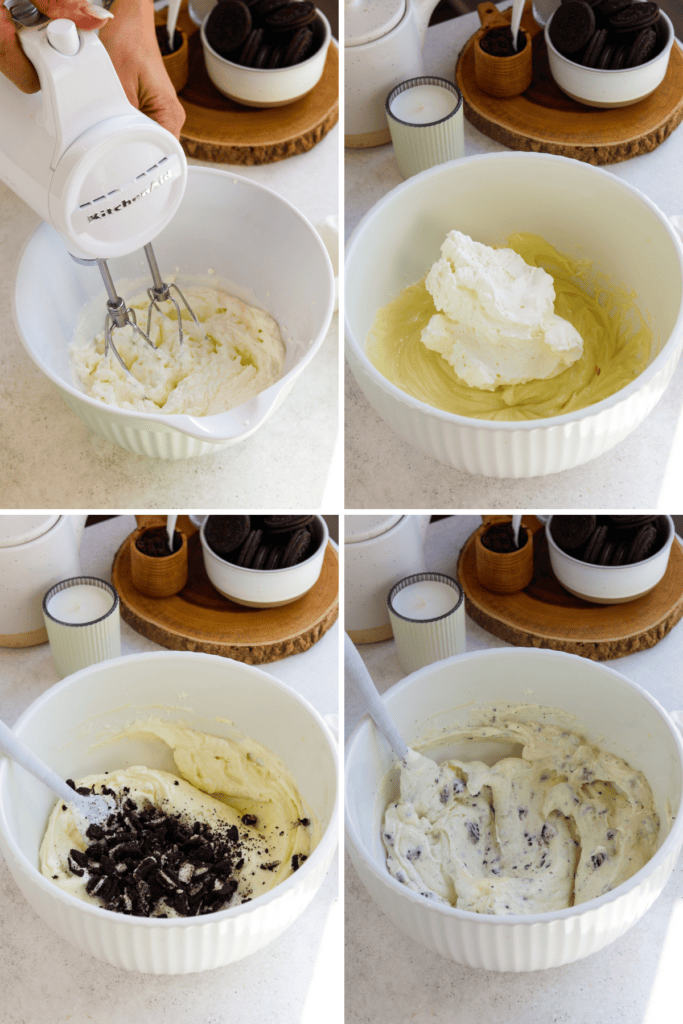 first picture: bowl with whipped cream inside and a hand holding a hand mixer whipping the cream. second picture: bowl with cream cheese and chocolate inside and whipped cream added to the bowl. third picture: bowl with white chocolate mousse and cookie crumbs added to it. fourth picture: cookies and cream mousse inside the bowl.