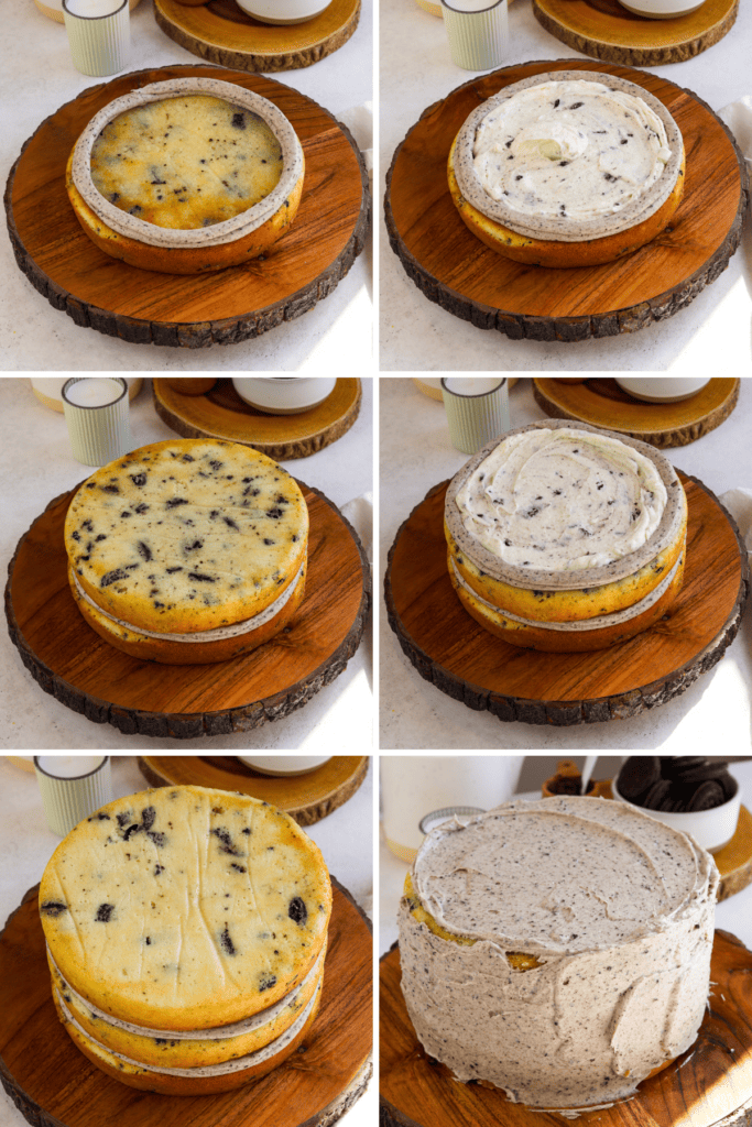 first picture: a cookies and cream cake layer with cookies and cream frosting piped around the edges of the cake. second picture: cookies and cream mousse spread in the center of the cake layer. third picture: another layer of cookies and cream cake added on top of the mousse. fourth picture: a cake being assembled with cookies and cream frosting piped around the edges of the cake, and cookies and cream mousse in the center. fifth picture: a third cake layer added on top of the mousse. sixth picture: cookies and cream frosting spread around a cake.