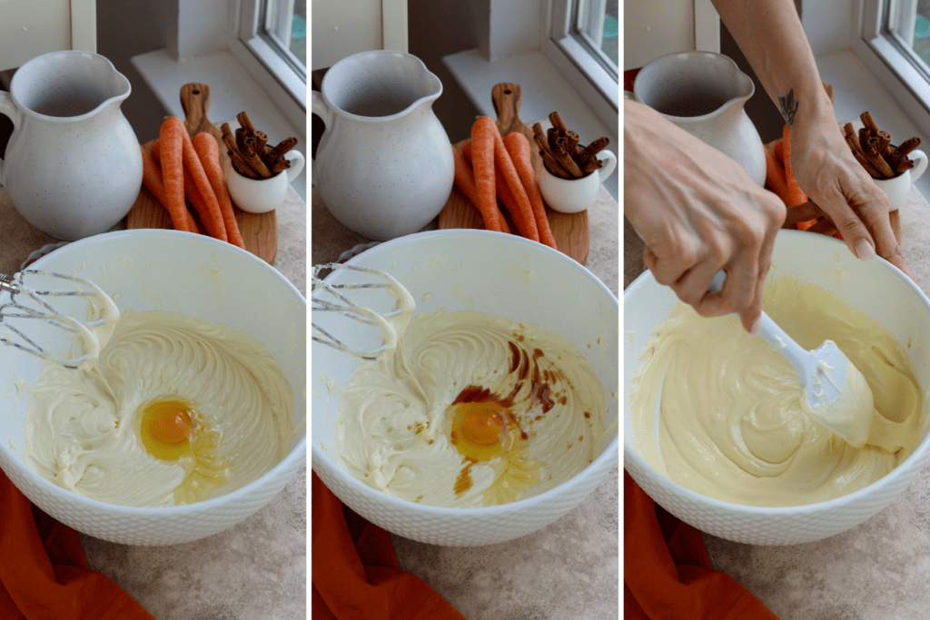 first picture: egg in a bowl with cheesecake batter. second picture: egg in a bowl with cheesecake batter and vanilla extract. third picture: a hand stirring cheesecake batter with a spatula in a bowl.