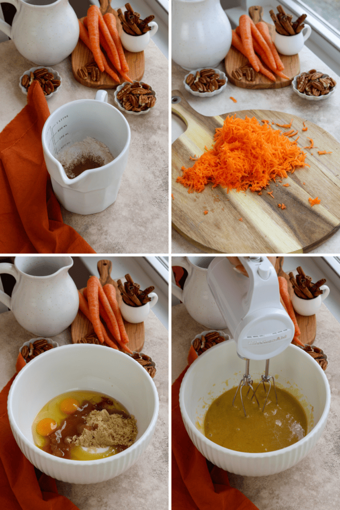 first picture: measuring cup with flour, cinnamon inside. second picture: wooden board with shredded carrots on top. third picture: bowl with oil, eggs, brown sugar, and granulated sugar inside. fourth picture: hand with a hand mixer stirring the batter together.