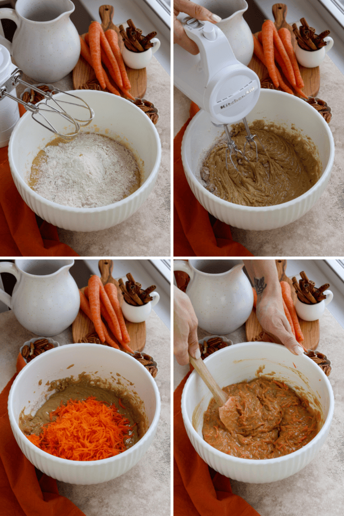 first picture: bowl with carrot cake batter and flour inside. second picture: hand with a mixer mixing carrot cake batter. third picture: shredded carrots added to a pan with carrot cake batter. fourth picture: hand folding carrot cake batter.