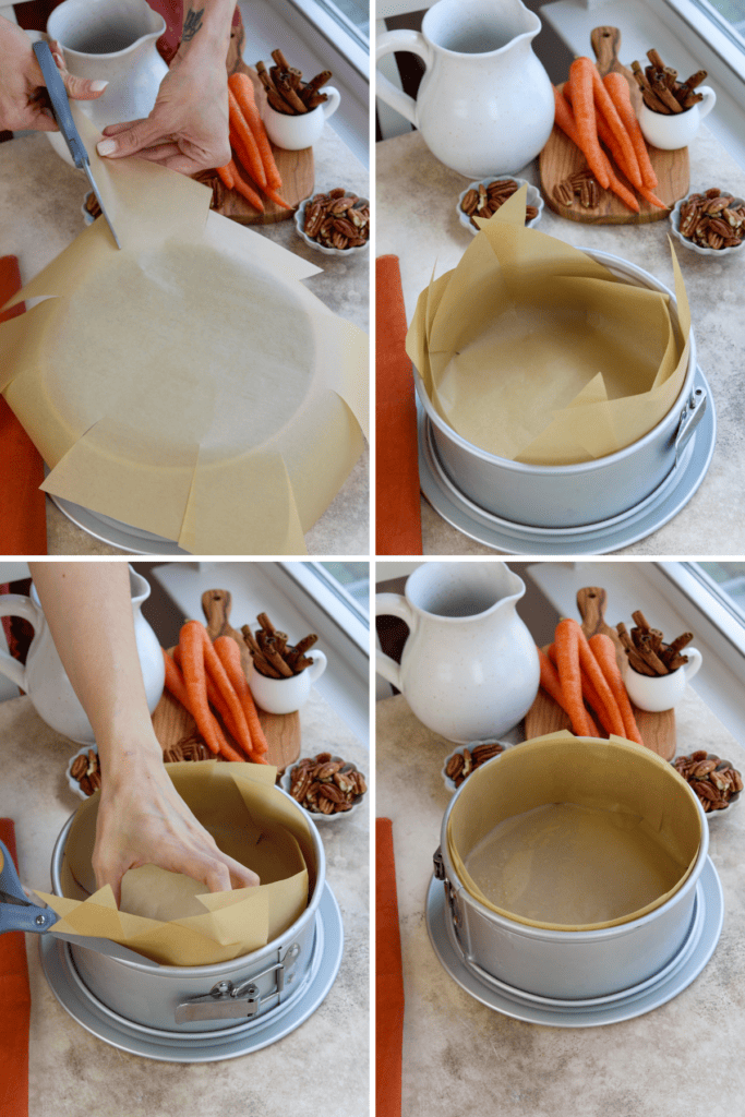 first picture: piece of parchment paper on top of a cheesecake pan, and a hand cutting slits on the paper. second picture: parchment paper inside of a springform pan. third picture: hand trimming the excess parchment paper on top of the pan. fourth picture: cheesecake pan with parchment paper lining the pan.