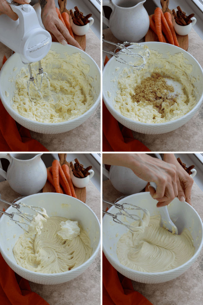 first picture: whipped cream cheese in a bowl, with an electric mixer. second picture: bowl with whipped cream cheese inside and brown sugar and granulated sugar added to the bowl. third picture: bowl with whipped cream cheese and sugar, and sour cream added to the bowl. fourth picture: hand scraping the sides of the bowl with whipped cream cheese.