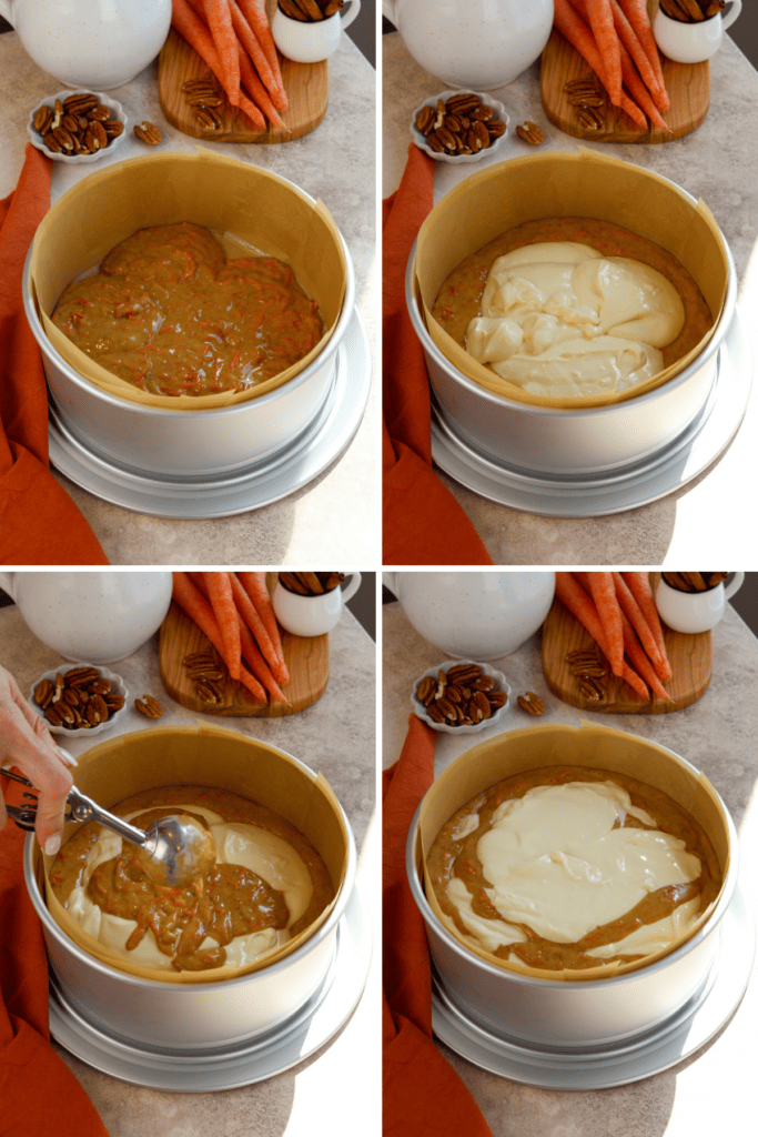 first picture: springform pan lined with parchment paper, and carrot cake batter inside. second picture: cheesecake batter poured on top of the carrot cake batter. third picture: hand pouring carrot cake on top of the cheesecake batter. fourth picture: cheesecake batter and carrot cheesecake batter layered in a springform pan.