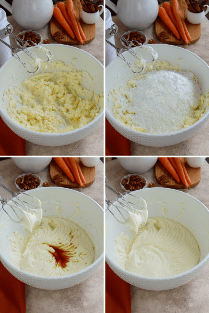 first picture: bowl with butter mixed with an electric mixer. second picture: powdered sugar added to the bowl with whipped butter. third picture: vanilla extract added to the bowl of whipped frosting. fourth picture: bowl with whipped frosting.
