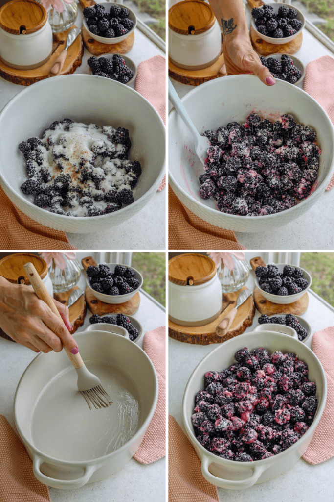 first picture: blackberries in a bowl with sugar, cornstarch, and nutmeg added. second picture: spatula stirring the blackberries with the sugar in the bowl. third picture: brushing butter on an oval baking dish. fourth picture: blackberry mixture poured into the baking dish.