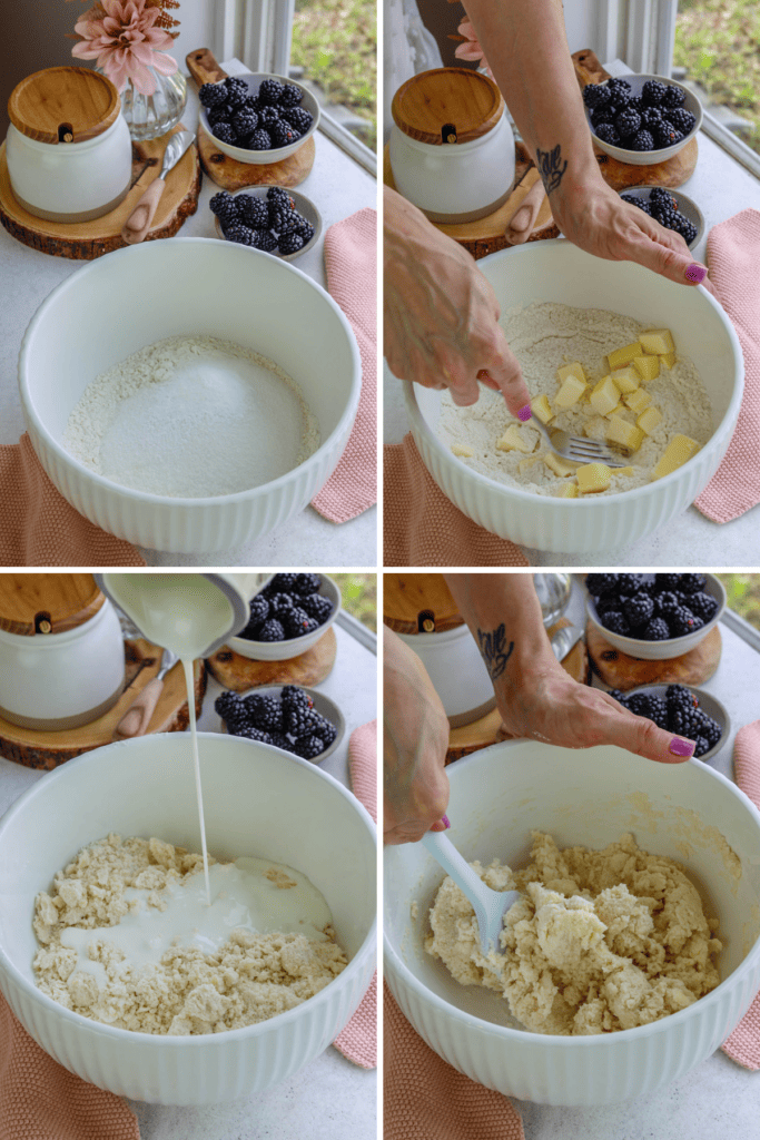 first picture: flour, sugar in a bowl. second picture: butter added to the bowl and a hand with a fork mixing the butter with the flour. third picture: pouring buttermilk into the bowl with flour, and sugar. fourth picture: hand with a spatula stirring the biscuit dough.