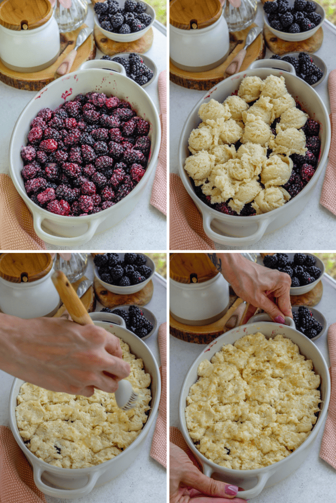 first picture: blackberry mixture inside of an oval baking dish. second picture: blackberries in the baking dish topped with biscuit dough. third picture: hand brushing egg on top of a biscuit dough. fourth picture: hand holding the oval baking dish with the blackberry cobbler before baking.