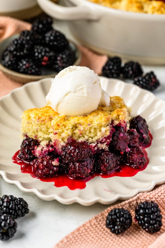 Blackberry cobbler in a plate topped with ice cream.