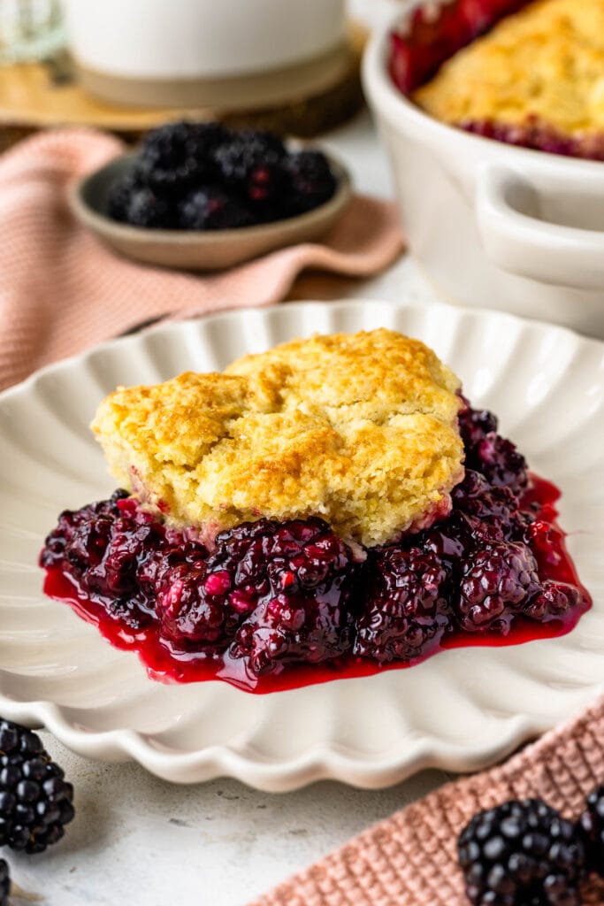 Blackberry cobbler in a plate with juicy blackberries on the bottom and a biscuit topping over.