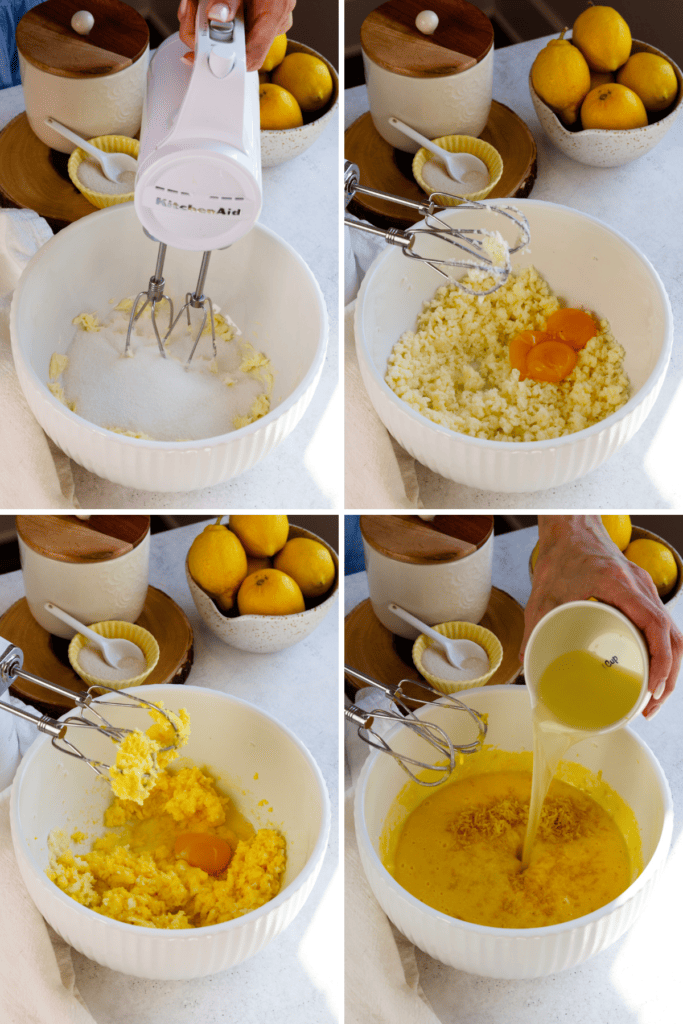 first picture: butter and sugar in the bowl of a mixer with a hand mixer beating the ingredients. second picture: bowl with whipped butter and sugar and added egg yolks. third picture: bowl with butter and sugar whipped with egg added to the bowl. fourth picture: bowl with whipped butter, sugar, and eggs, and lemon zest added to it, and a hand adding lemon juice to the bowl.