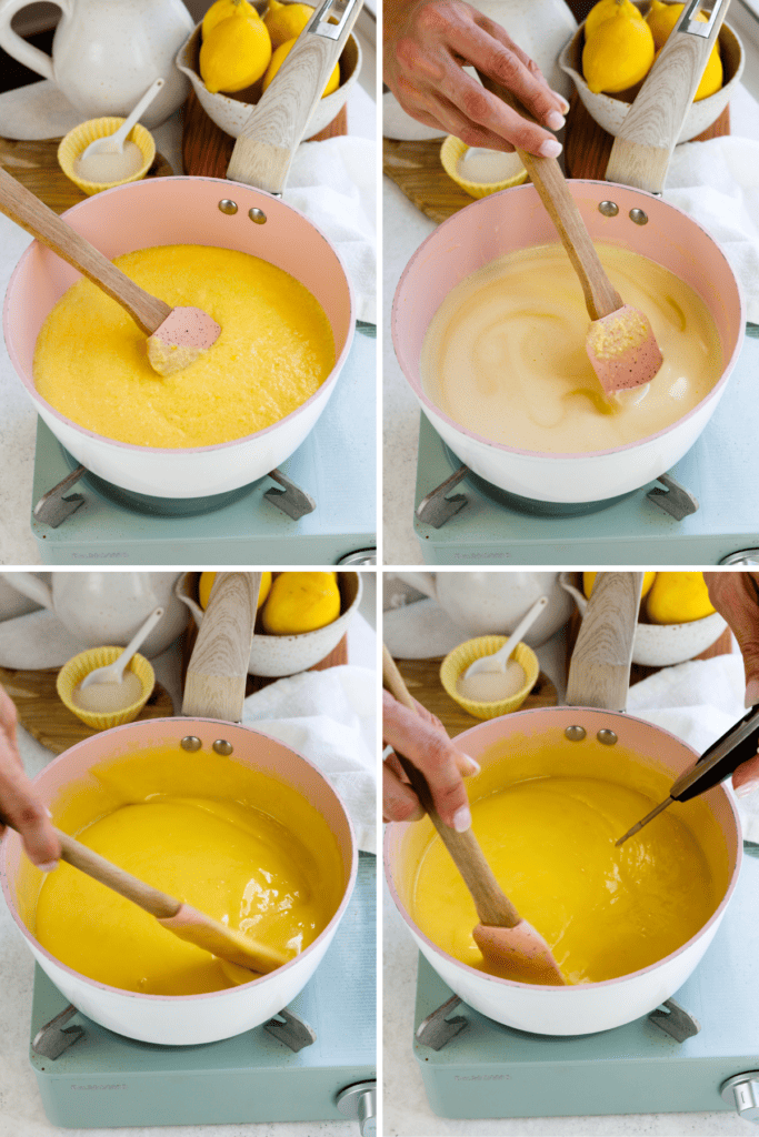 first picture: saucepan with lemon curd inside and a spatula mixing the curd, on top of a burner. second picture: hand mixing the curd with a spatula. third picture: showing the curd thicker inside of a saucepan on top of a burner. fourth picture: saucepan with lemon curd inside and a spatula mixing the curd with a thermometer taking the temperature.
