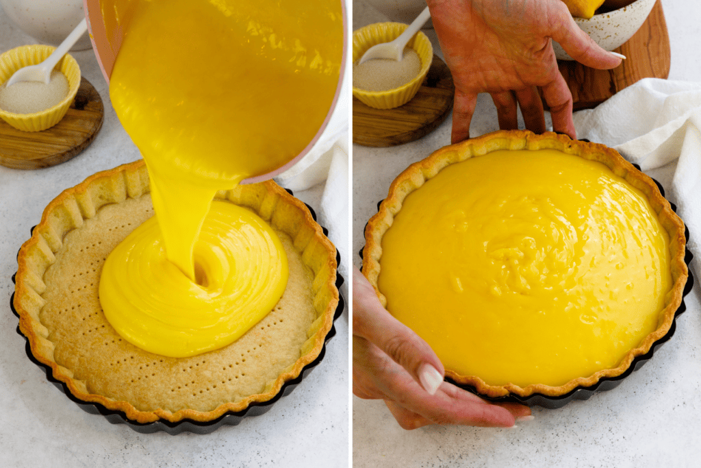 first picture: pouring lemon curd on the bottom of a tart crust. second picture: tart pan lined with crust and lemon curd.