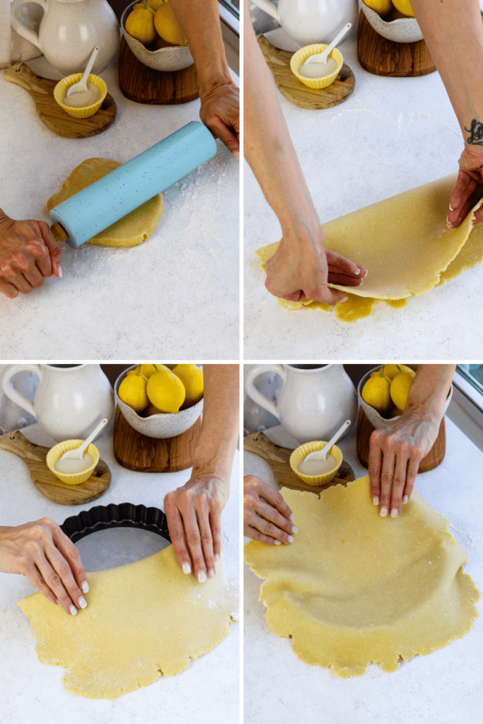 first picture: hand rolling out tart crust with a rolling pin. second picture: hand folding a rolled out tart crust in half. third picture: placing a folded tart dough on top of a tart pan. fourth picture: adjusting a tart crust on a tart pan.