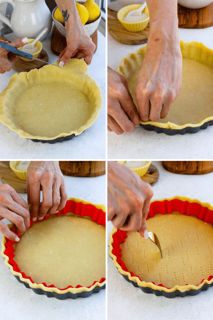 first picture: tart pan lined with a tart dough and a hand cutting the leftover dough with scissors. second picture: hand creasing the sides of the tart dough in a tart pan. third picture: hand placing a silicone edge on a tart pan lined with dough. fourth picture: fork poking the bottom of a tart crust.