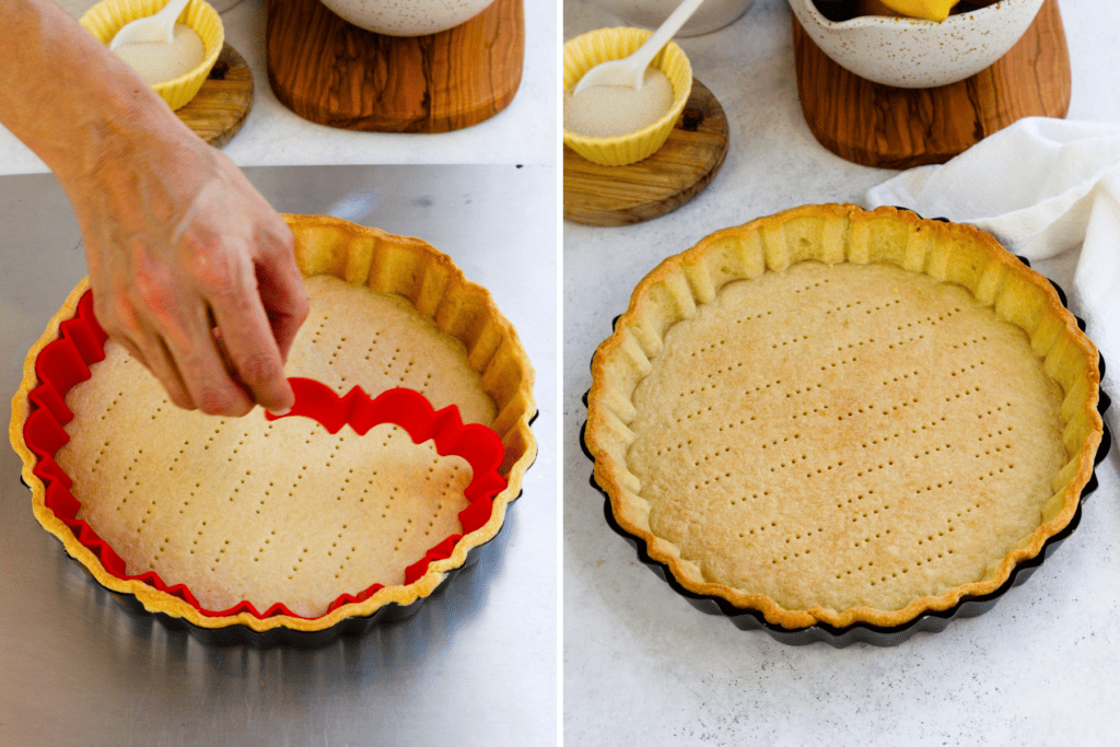 first picture: hand removing the tart pan silicone edge from a baked tart crust. second picture: baked tart crust in a tart pan.