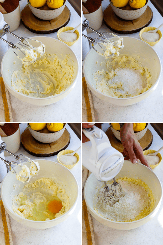 first picture: whipping the butter on a bowl. second picture: powdered sugar added to a bowl with whipped butter. third picture: egg added to a bowl with whipped butter. fourth picture: bowl with whipped butter and sugar and flour added to the bowl.