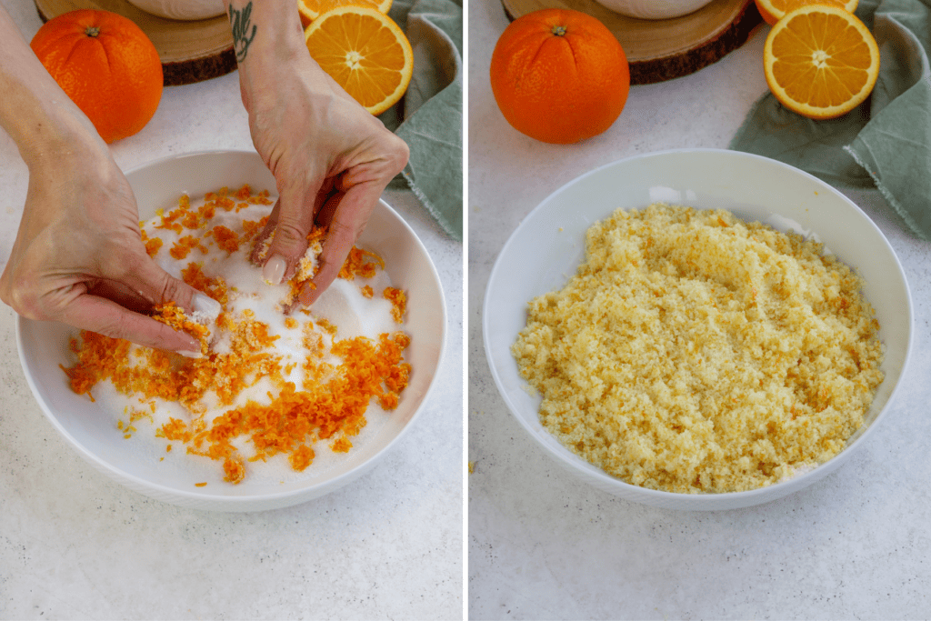 first picture: bowl with sugar and orange zest inside and a hand rubbing the orange zest and sugar together. second picture: bowl with sugar and orange zest mixed together.