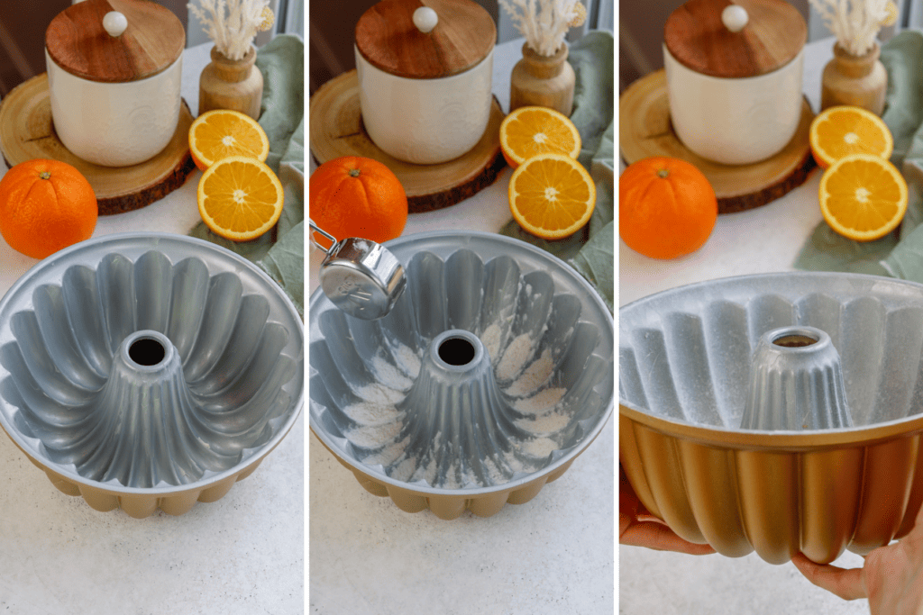 first picture: bundt pan buttered. second picture: bundt pan with butter and flour inside. third picture: bundt pan floured and greased.