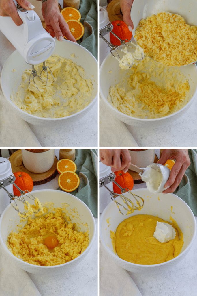 first picture: bowl with butter inside and a hand beating the butter with a mixer. second picture: adding orange sugar mixture to a bowl with whipped butter. third picture: egg added to the bowl with whipped butter and orange sugar. fourth picture: sour cream added to a bowl with batter inside.
