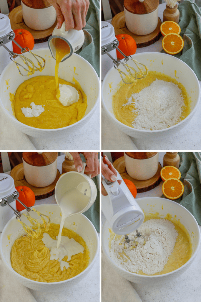 first picture: hand pouring orange juice inside of a bowl with cake batter inside, and sour cream. second picture: bowl with cake batter inside and flour added to the bowl. third picture: hand pouring milk inside of a bowl with cake batter. fourth picture: hand mixing flour and batter in a bowl.