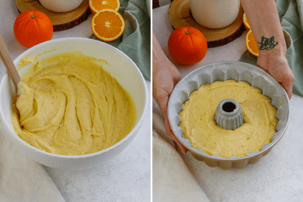 first picture: bowl with orange cake batter inside and a spatula. second picture: orange cake batter inside of a bundt cake pan.