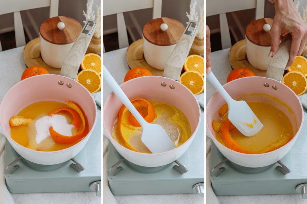 first picture: small saucepan with orange juice inside, an orange peel, and sugar. second picture: saucepan with orange syrup inside boiling. third picture: spatula stirring orange syrup inside of a saucepan.