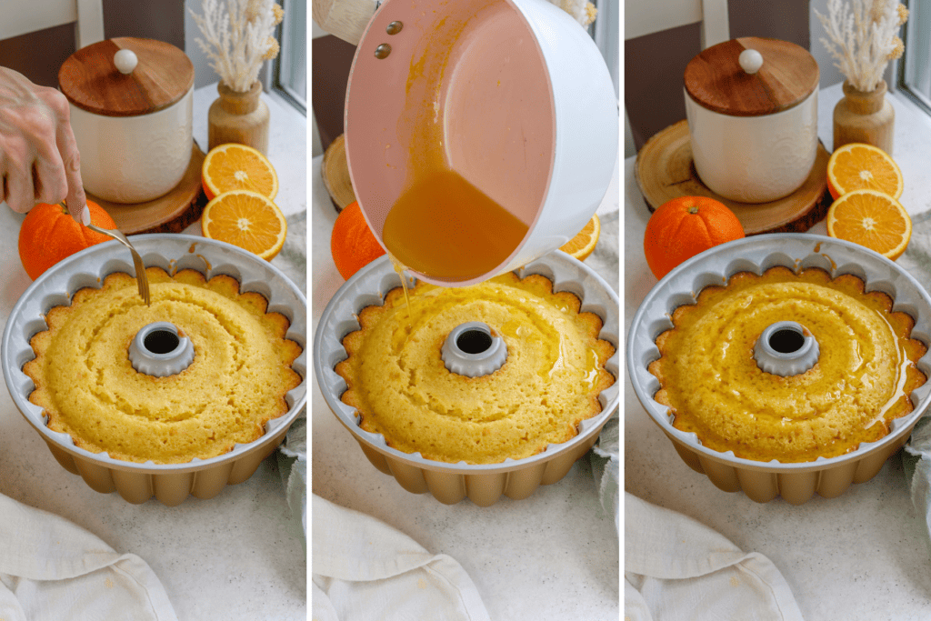 first picture: orange bundt cake in a pan, with a hand poking holes in the cake. second picture: hand pouring orange syrup over a cake in a bundt pan. third picture: orange bundt cake inside a bundt pan with glaze soaking.