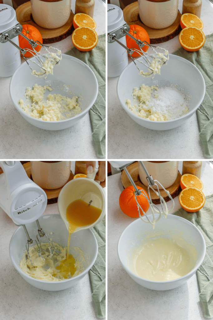 first picture: bowl with butter beat inside with a hand mixer next to it. second picture: bowl with butter mixed and sugar in the bowl. third picture: hand pouring orange juice inside the bowl with glaze mixed. fourth picture: bowl with glaze inside.