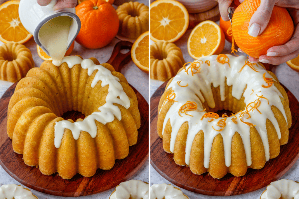 first picture: orange bundt cake with a hand pouring glaze over the cake. second picture: a hand zesting an orange on top of a glazed orange cake.