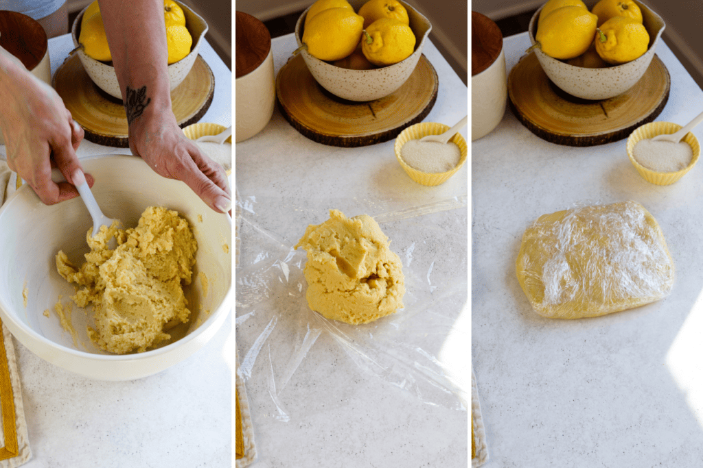 first picture: mixing tart dough with a spatula inside of a bowl. second picture: tart dough on top of a plastic wrap. third picture: tart dough wrapped in plastic wrap on top of a counter.