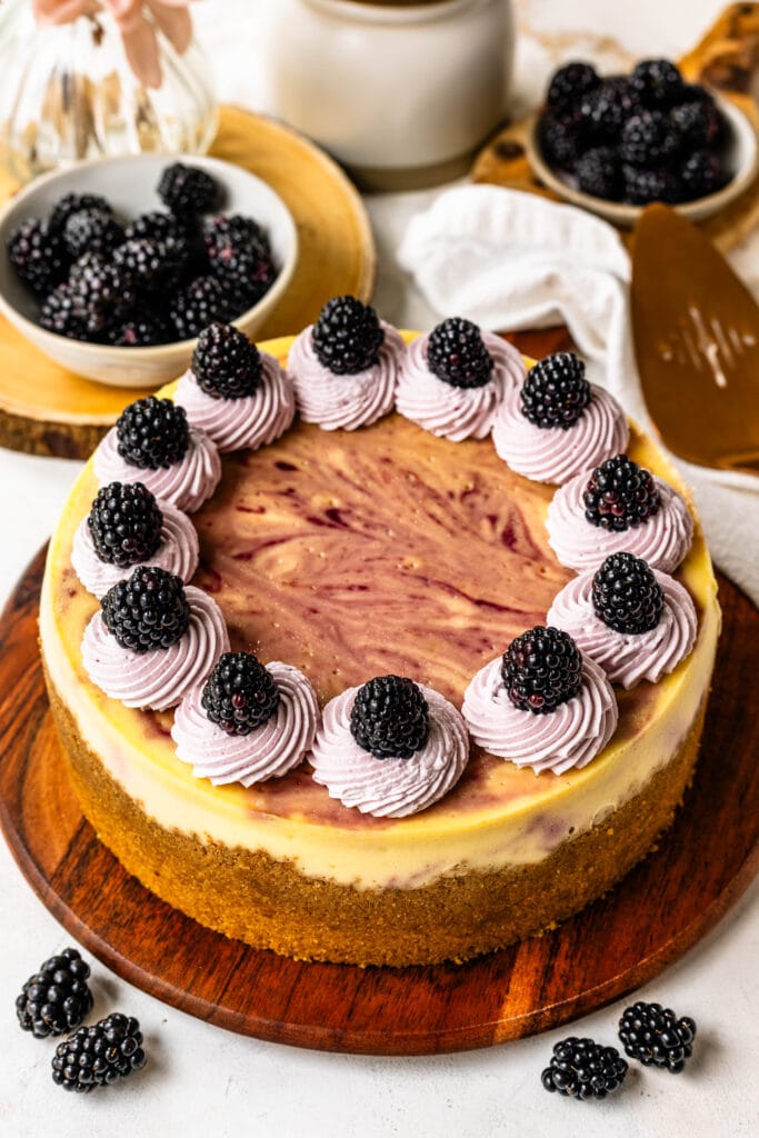 blackberry cheesecake with whipped cream and blackberries on top.