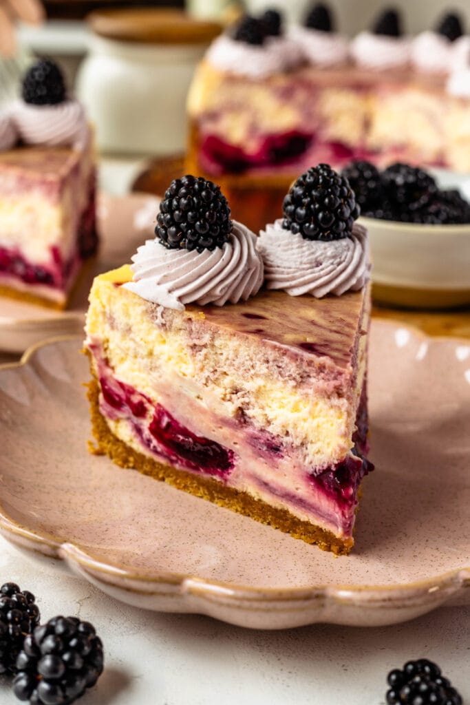 slice of blackberry cheesecake with graham cracker crust, and blackberry sauce mixed into the cheesecake batter, with whipped cream on top and blackberry.