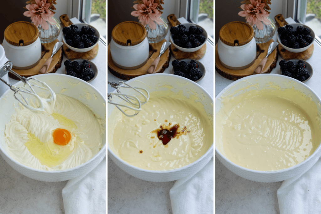 first picture: bowl with cheesecake batter inside and an egg added to the bowl. second picture: bowl with cheesecake batter inside and vanilla added. third picture: bowl with batter inside.