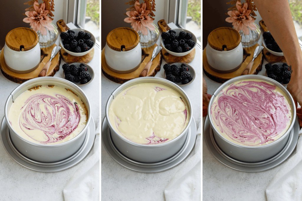 first picture: cheesecake pan with swirled blackberry cheesecake batter inside. second picture: pan with cheesecake batter inside. third picture: blackberry swirled cheesecake batter inside of a cheesecake pan.